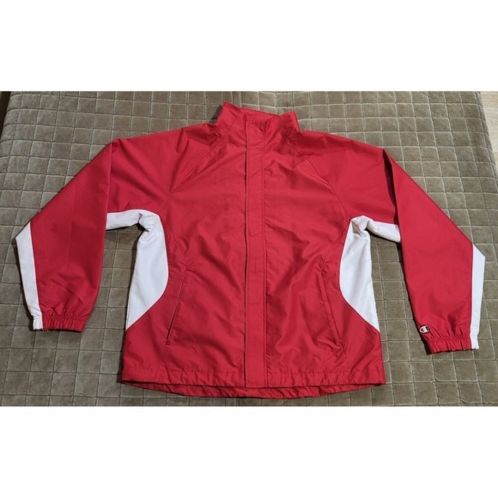 Champion Windbreaker Jacket Size Large Red W/White Striped Full Zip Long Sleeve
